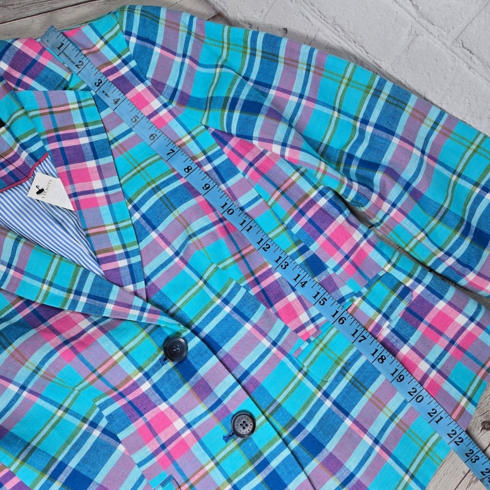 Talbots Petite 4P Madras Plaid Linen Blend Blazer Blue Pink Green Ruffle Cuff - Picture 9 of 10